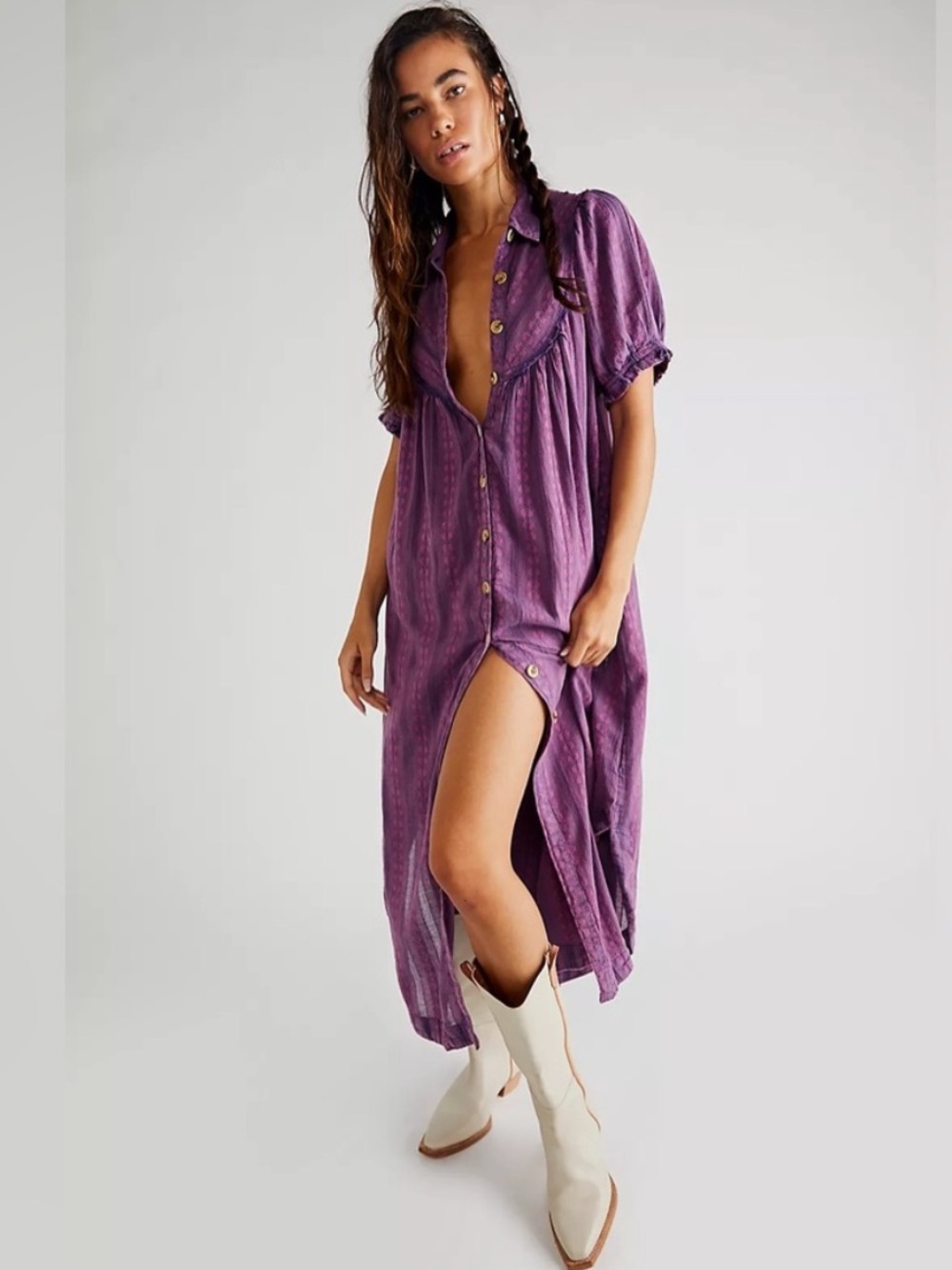Free People Rodeo Midi Dress Purple Puff Sleeve Western Boho Small